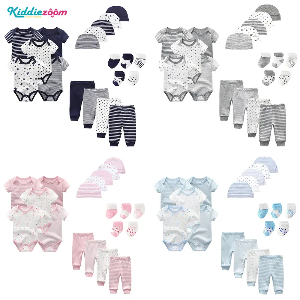 Kiddiezoom Unisex 19-Piece 100% Cotton Casual Cute Cartoon Newborn Essential Assortment Clothes Set - Short-Sleeved, Breathable, Cozy Outfits for 0-12 Months Infants, Newborn Essential Set, Assortment Set