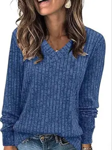 Women's Plain V Neck Fitted T-Shirt, Casual Long Sleeve Knitwear Tee Top for Fall & Winter, Fashion Ladies' Clothing for Daily Wear