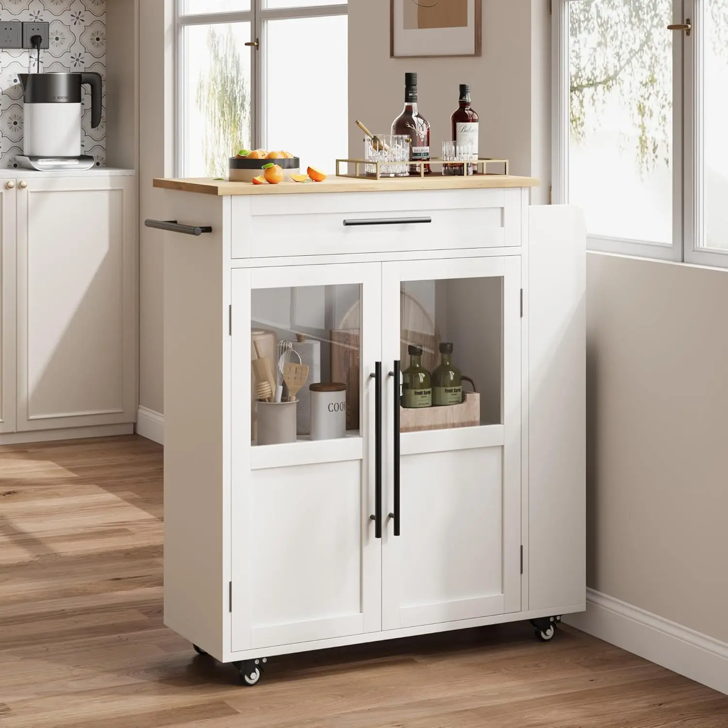 36" Kitchen Island Cart with Solid Wood Top - Farmhouse Mobile Storage Cart with Drawer, 3-Tier Shelves & Locking Wheels for Small Kitchens