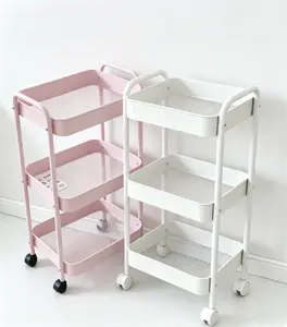 3-Tier Rolling Storage Cart, Multi-Purpose Utility Cart with Wheels, Mobile Organizer Shelving Unit for Kitchen, Bathroom, Bedroom, Laundry & Office, Lightweight & Easy Assembly, Pink & White