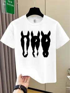 Boys' Horse Head Print T-Shirt - Soft Stretch Knit Fabric, Dark Gray/White Horse Graphic Tee, Easy-Care Round Neck Casual Summer Shirt for to Preteen Boys (Ages 3-12 Years) - Youth Equestrian Style Top for & Play