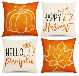 Fall Decor-Throw Pillow Covers 18x18in Set of 4,Pumpkin Linen Pillow Case for Thanksgiving Couch Autumn Holiday Home Outdoor Burnt Orange White Decorations