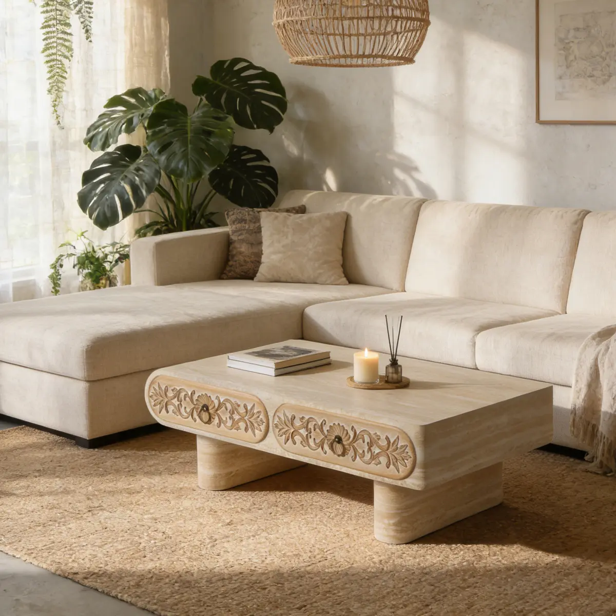 Rounded Edge Coffee Table with Flower Pattern Solid Wood Drawer, Coffee Table for Living Room, Office, Beige+yellow
