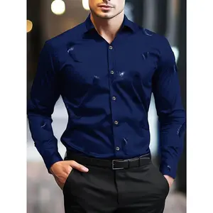 Men’s Slim-Fit Long-Sleeve Dress Shirt with Golden Feather Print – Black Elegant Button-Up Shirt, Machine Washable & Dry Cleanable, All-Season Tailored Fit for Formal & Casual Wear, Sophisticated Craftsmanship