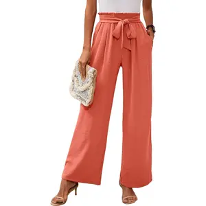 Women's Wide Leg Lounge Pants with Pockets Lightweight High Waisted Adjustable Tie Knot Loose Trousers