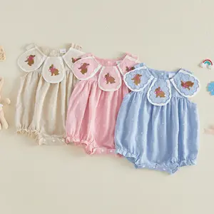 Babamoon Newborn Baby Girls Rompers Easter Clothes Bunny Embroidered Crew Neck Sleeveless Infant Onesie Bodysuits Jumpsuits 0-18 Months