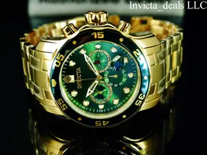 Invicta Men's 48mm PRO DIVER Scuba Chronograph Green Dial 18K Gold Plated Stainless Steel Watch