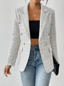 Women's Plaid Knit Blazer Jacket, Casual Fitted Commuter Outerwear, Stylish Date Night Wear, Spring & Fall Fashion