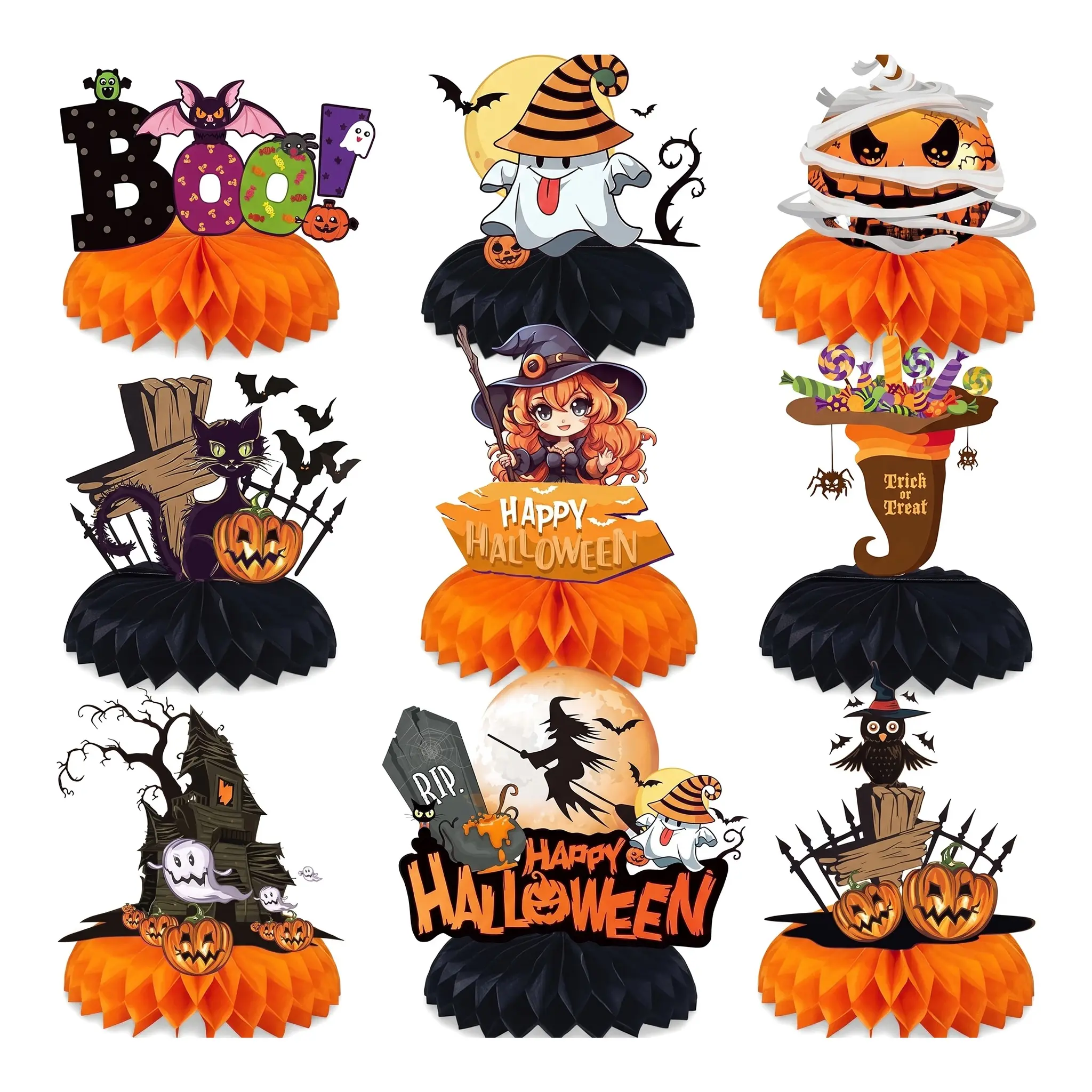 Spooky Halloween Party Decorations - 9PCS Black & Orange Pumpkin Honeycomb Centerpieces, 3D Table Toppers for Fall Birthday, Haunted House & Dinner Table Setup