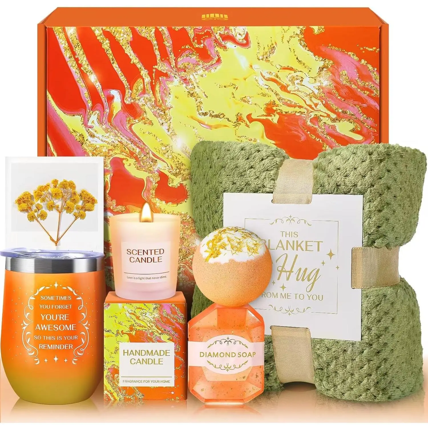 Gifts for Women, Mothers Day Gifts, Appreciation Gift Teacher & Nurse Get Well Soon Spa Retirement Gift Basket with Flannel Blanket for Mom, Grandma, Sister, Wife, Girlfriend, (orange)