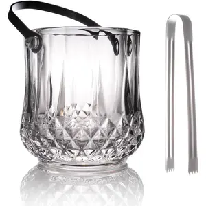 Small Round Glass Ice Bucket Kits, Heavy Thick Wine Cooler with Steel Tong and Clamp, 5.3" H*5" W, 34 oz (1000 ml)