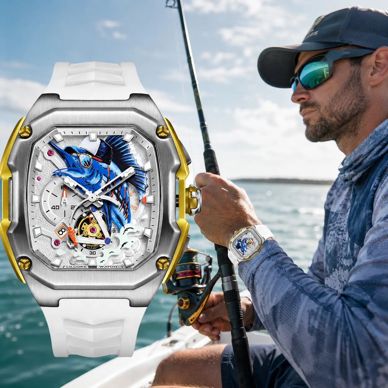 LILUOKE Angler Series Men's Stainless Steel Watch, Casual Square Dial Quartz Movement, Luminous Display, Rubber Strap, 30M - 50M Water Resistant, Ideal for Gentleman, Husbands, Fathers, Male Colleagues, Shock Resistant, Friends, Luxury, Waterproof, Square