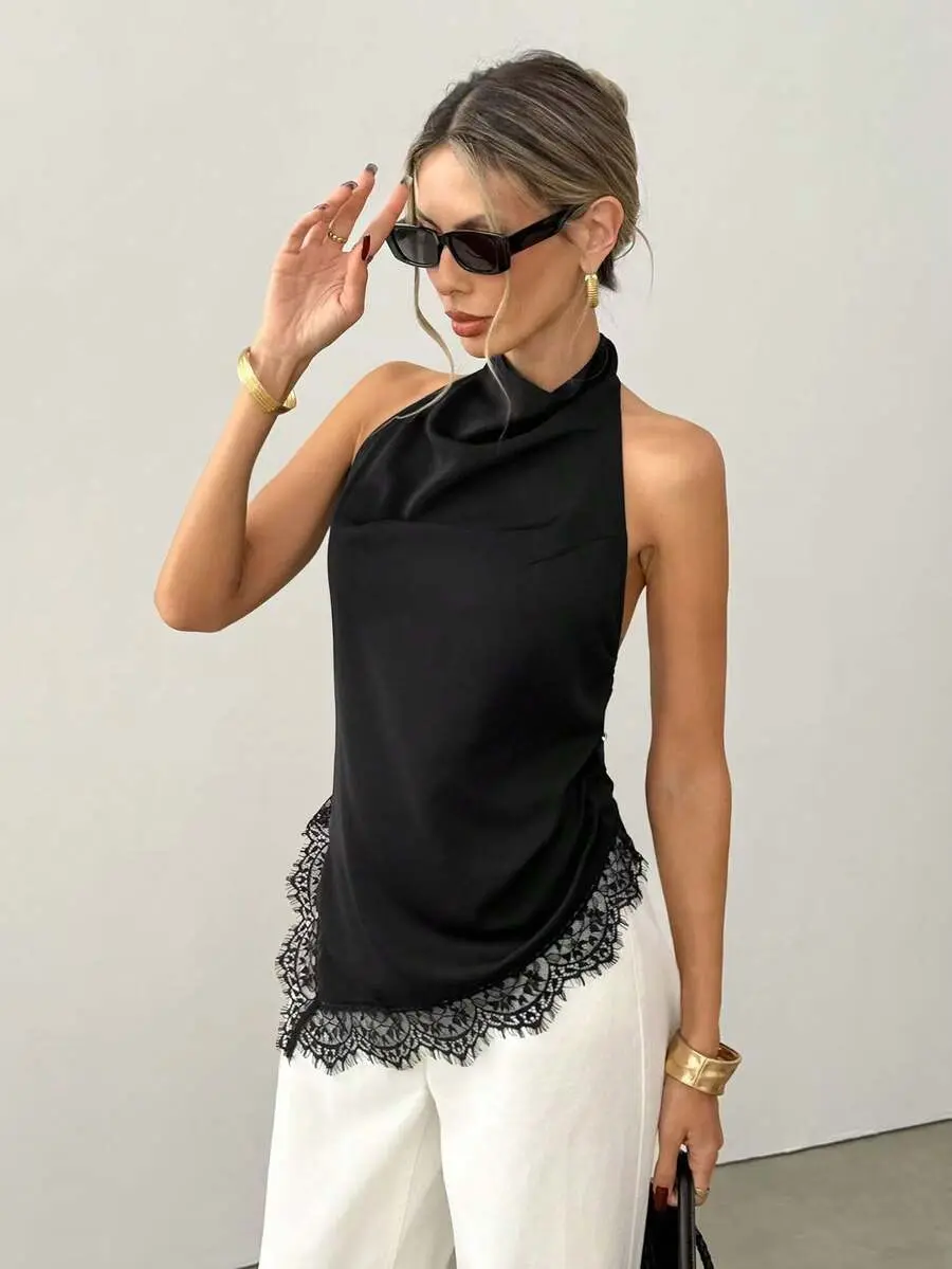 Women's Satin Halter Top Cowl Neck Lace Hem Backless Elegant Going Out Blouse Office Date Night Summer Tank Top