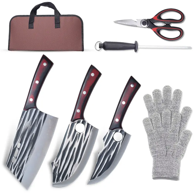 Rustproof Forged High Carbon Steel Full Tang Kitchen Knives Set with Storage Bag - Thick Meat Cleaver, Serbian Chef Tool, Viking Carving Tool, BBQ Camping Kitchenware