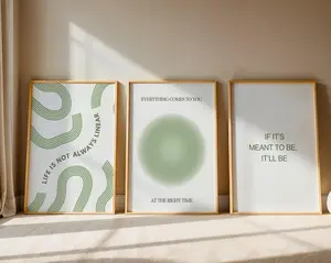 Set of 3 Sage Green Wall Art Posters, Aesthetic Printable Retro Gradient Prints, Dorm Room Décor