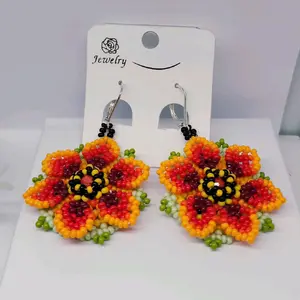 Beautiful Red Color Sunflower Beaded Earrings with Vibrant Beadwork and Eye-catching Design