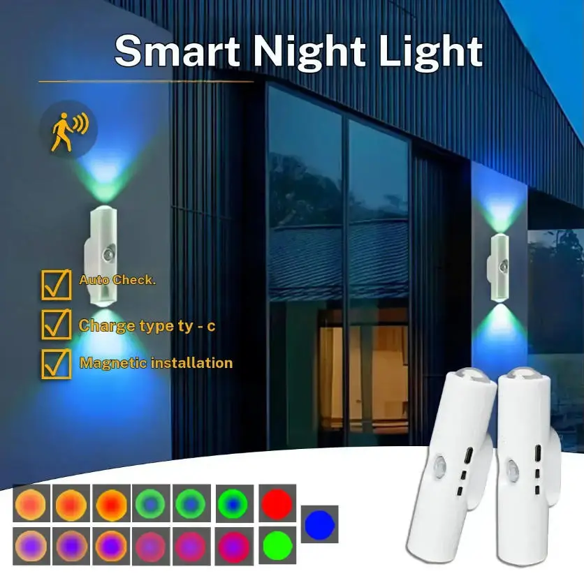 Smart spotlight with human motion sensor, adjustable in 7-color lighting adjustment, USB Type C port, magnetic installation, suitable for living rooms, bathrooms, and bedrooms