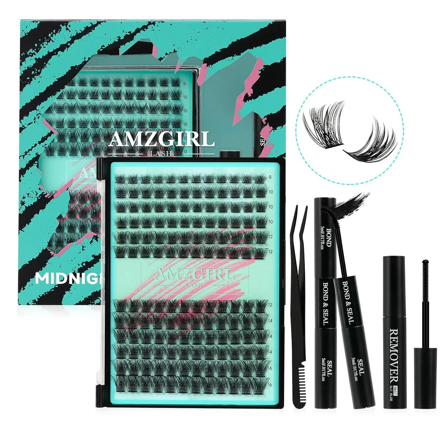 AMZGIRL LASH DIY Lash Extensions Kit 144pcs Midnight Waterproof Eyelashes Makeup Cosmetic Set with Bond Seal Remover Applicator