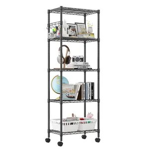 5 Tier Wire Shelving Unit with Wheels, Heavy Duty Garage Storage Shelves, Metal Racks for Storage, Steel Shelf Rack, Rolling Shelving for Kitchen, Pantry, Corner Bookshelf Organiser