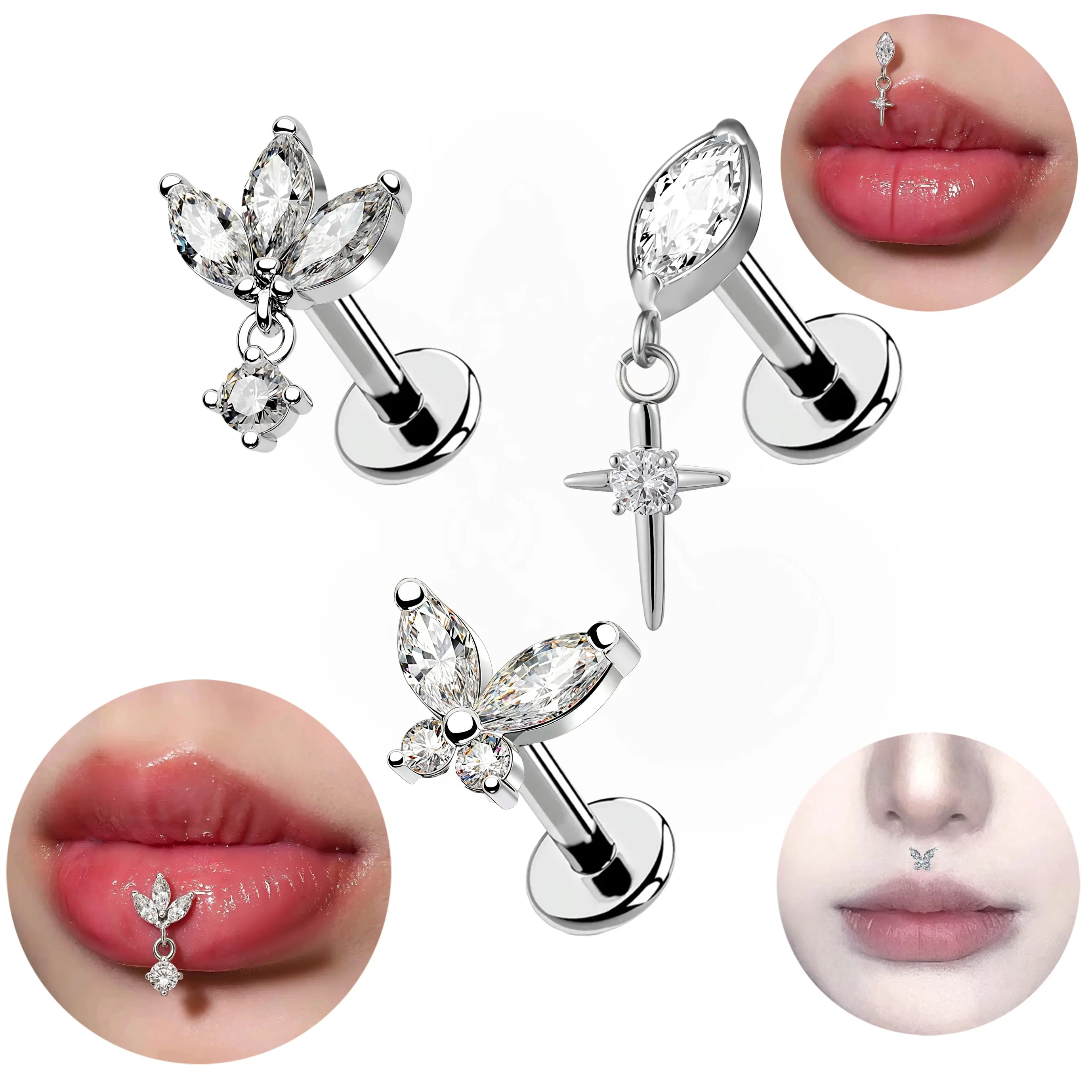 3pcs 16G Vertical Flatback Labret Stainless Steel Pack with Asterism, Butterfly, Dangle Flatback Internal Ear Piercings Piercings