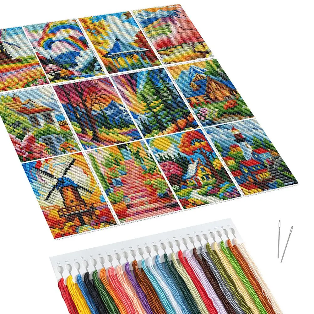 Landscape Pattern DIY Cross Stitch Kit, 12pcs/set 11CT Cross Stitch Printed Canvas with Tools, DIY Wall Decor for Home Living Room Bedroom, Embroidery Craft, DIY Kits