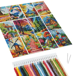 Landscape Pattern DIY Cross Stitch Kit, 12pcs/set 11CT Cross Stitch Printed Canvas with Tools, DIY Wall Decor for Home Living Room Bedroom, Embroidery Craft