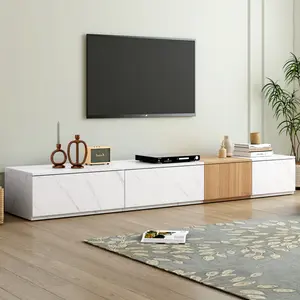 ON-TREND TV Stand with Faux Marble and Walnut Wood Grain Finish for TVs up to 88'', Modern Free-Combination Entertainment Center with 4 Storage Drawers for Living Room, White(High end and high-quality)