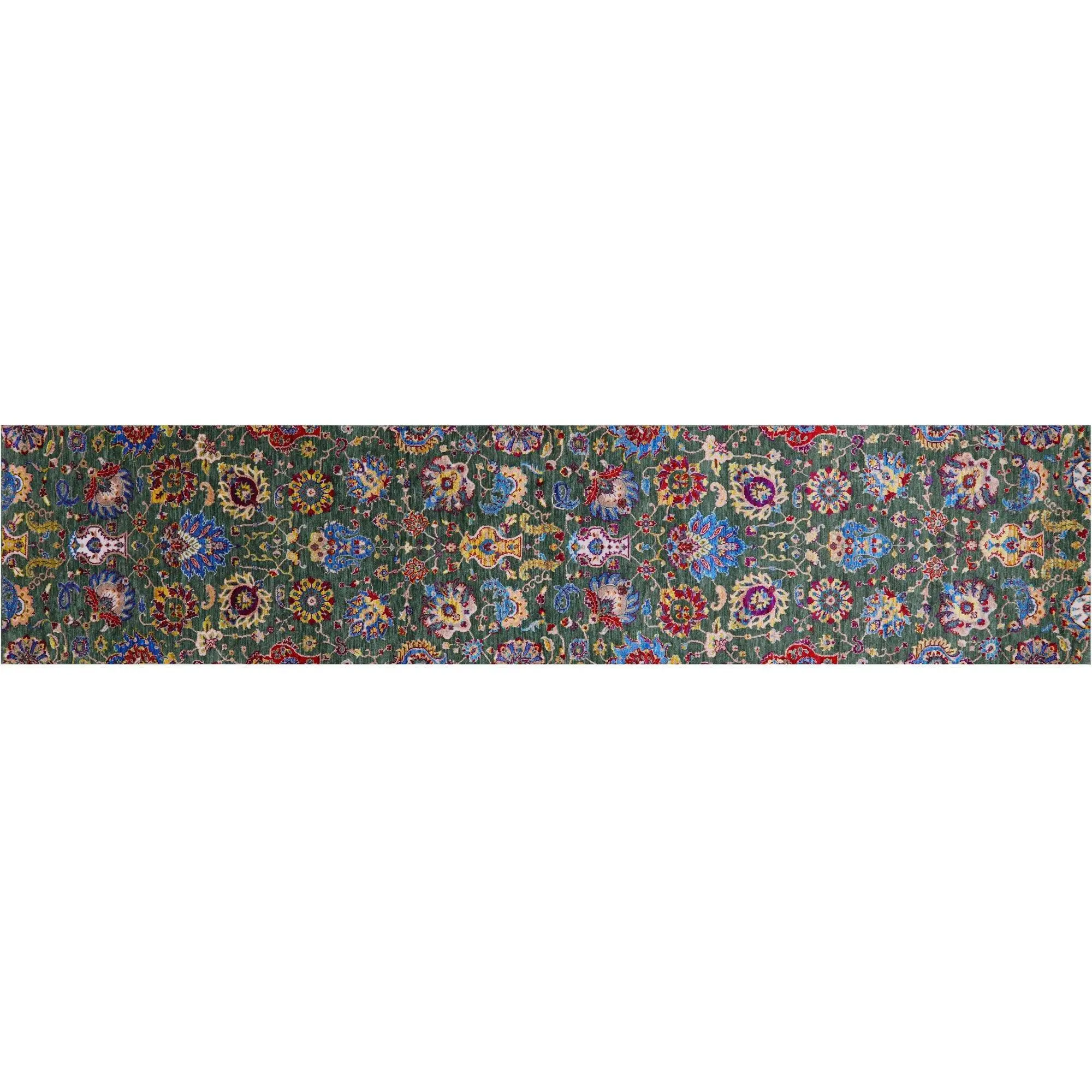 Green 2' 7" X 12' 1" Runner Persian Tabriz Hand Knotted Wool & Silk Rug - Q20108