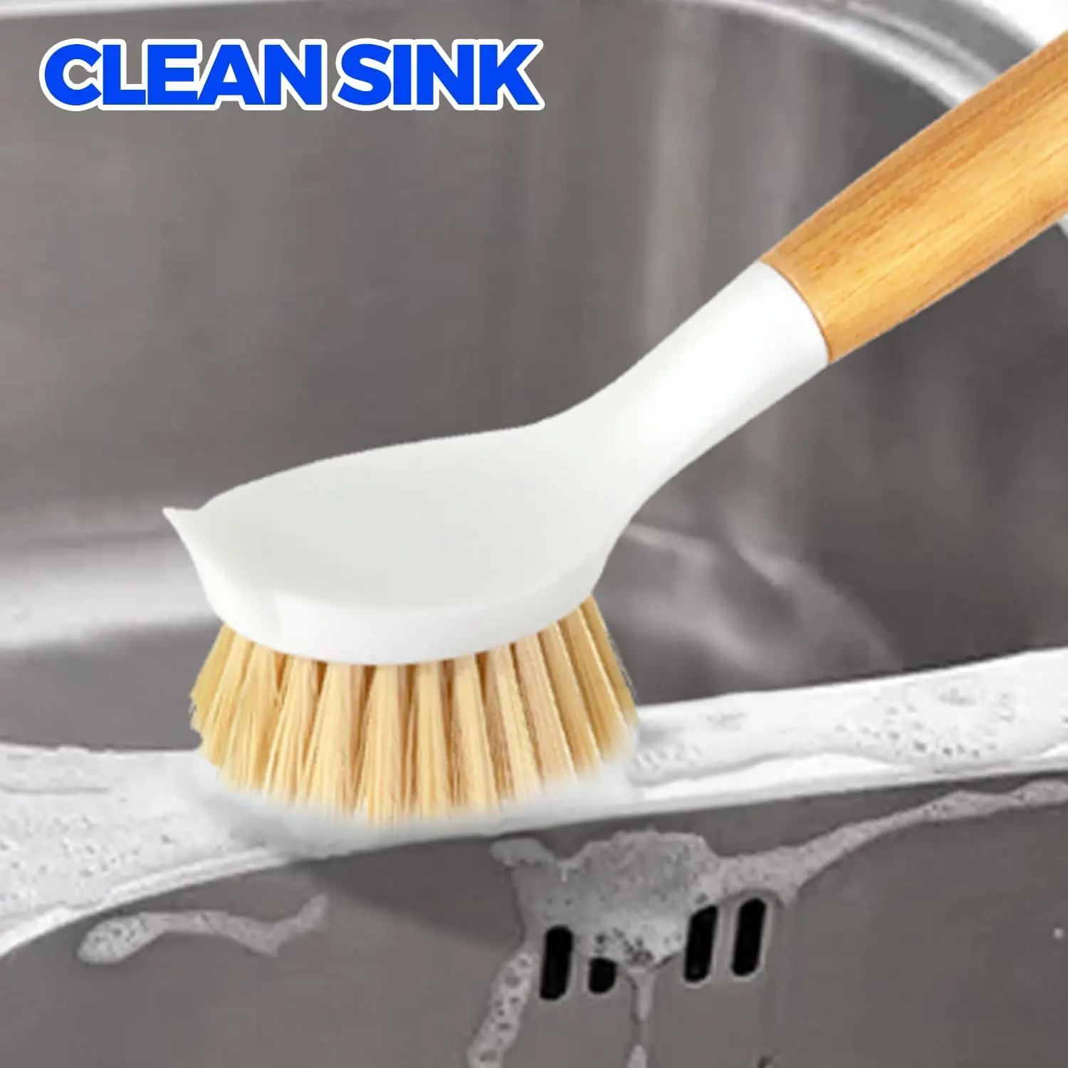Bamboo Handle Dish Scrubber Set - Medium-Bristle White Kitchen Scrub Brush with Handle for Cleaning Pots, Pans, Sinks