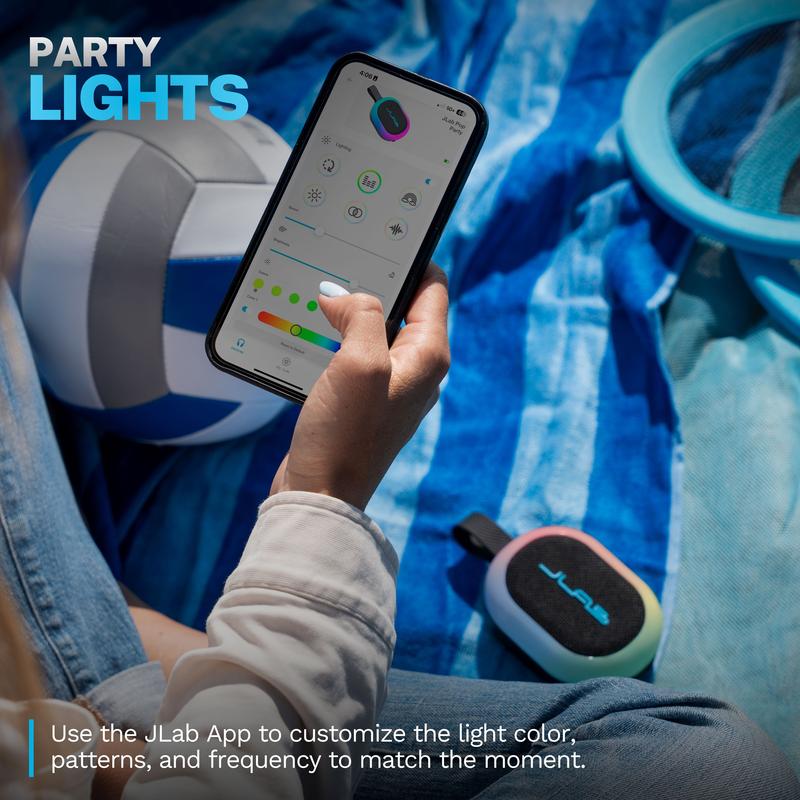 JLab Pop Party Ultra-Portable Bluetooth Speaker 5W Driver 8+ Hours Playtime RGB Lighting IPX5 Splashproof Audio & USB-C Charging