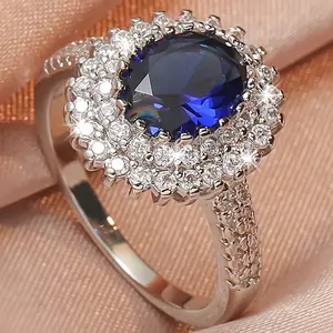 Elegant Women's Blue Glass Zirconia Halo Ring - Sophisticated Copper Wedding Band with Crystal Accents, Ideal for Daily Wear & Gifting, Perfect Valentine's Day Present