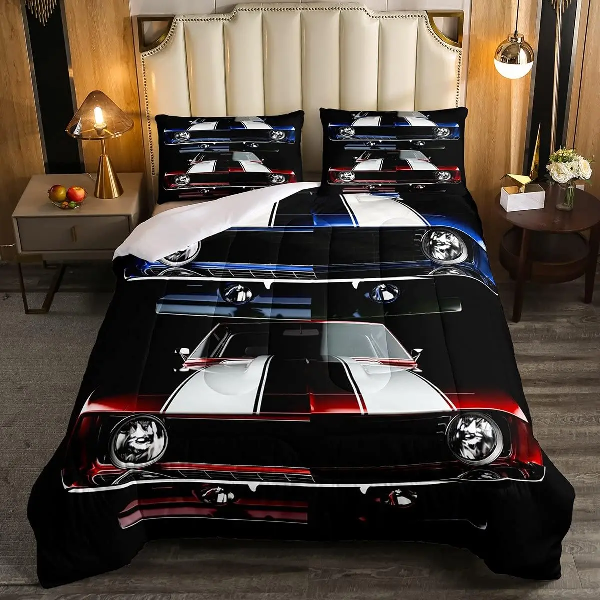 Feelyou Classic Race Car Pattern Bedding Set - Queen Duvet Cover, Retro Look, Lightweight Breathable All-Seasons Fabric, Machine-Wash, Travel-Friendly Bedroom Linens (Multi-Size Options)
