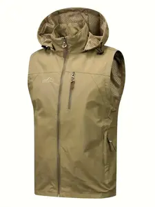 Men's Letter Embroidery Pocket Zip Up Hooded Vest Jacket, Regular Fit Casual Drawstring Sleeveless Outerwear for Fall & Winter, Men's Clothes for Outdoor Activities Vest Zipper