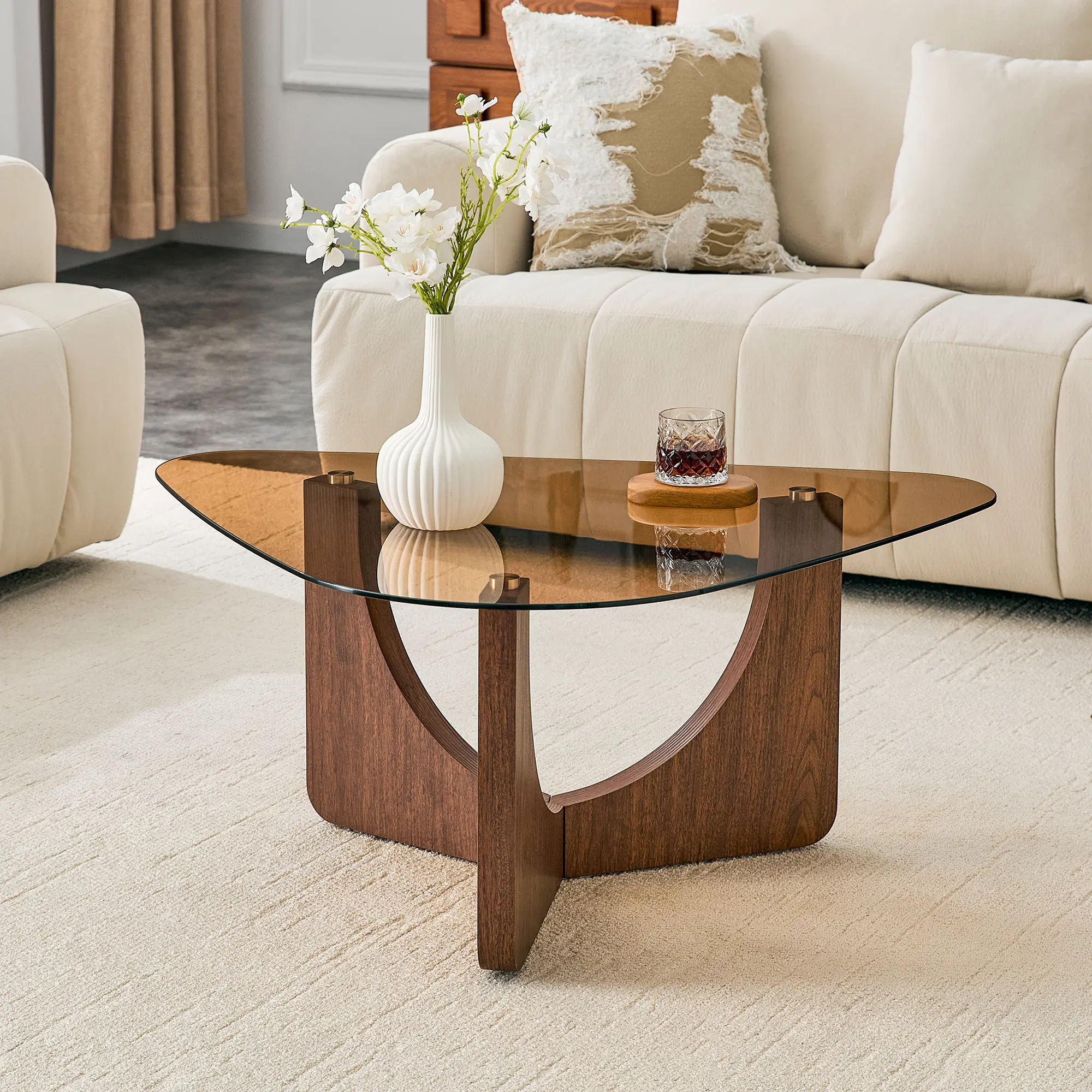 Vintage Triangle Coffee Table | Tea-Tinted Tempered Glass Top, Walnut Base | Space-Saving Sofa Side & Corner Accent Table