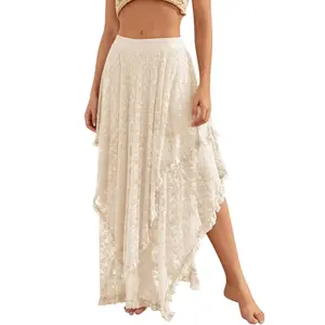 Glowy Lace Skirts for Women Flowy Boho Maxi Skirt Elastic Asymmetrical Layered See-Through Long Skirt