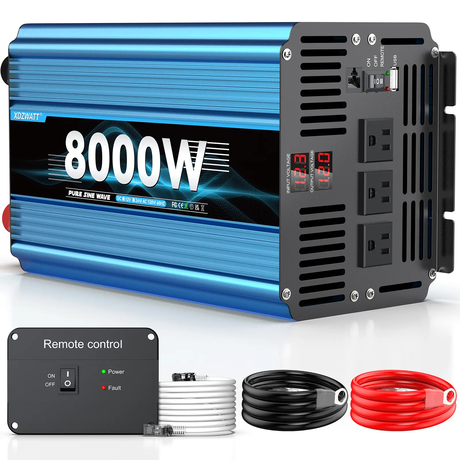 Pure sine wave car power inverter 8000W （peak）suitable for cars, motorhomes, 2026 new design, equipped with 3 American standard sockets to convert 12V DC to 120V AC, convenient for travelling, equipped with LCD display, without battery