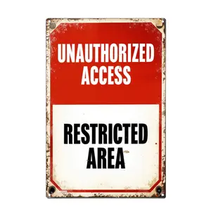 2D Flat - 1pc Red And White Sign With Bold Text Unauthorized Access Restricted Area On A Weathered Metal Background Metal Tin Sign Vintage Iron Wall Art with Floral Accents, Perfect for Home, Porch, Garden, Cafe, Bar, and More, Outdoor Signage |
