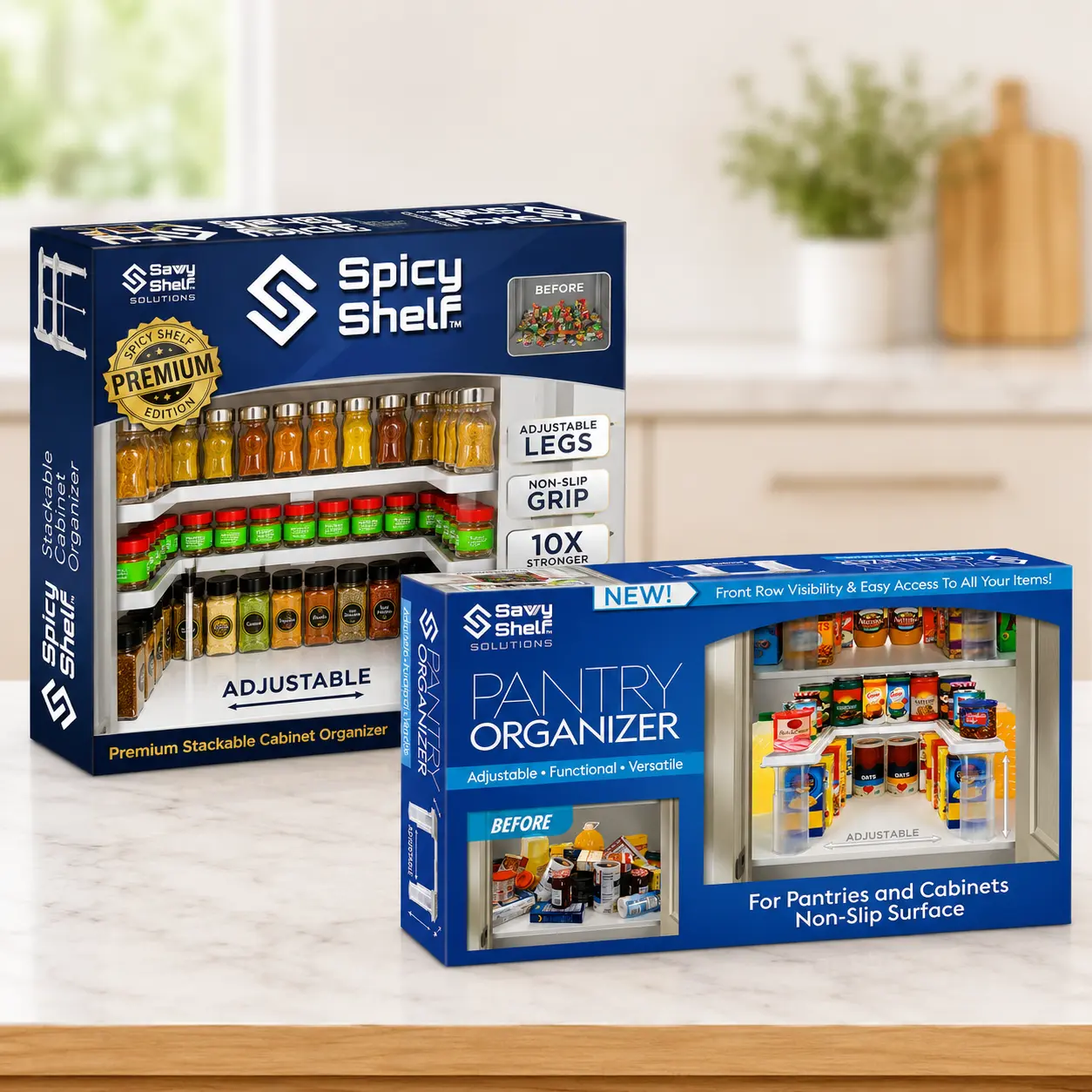 Spicy Shelf Premium & Savvy Shelf Adjustable Expandable Pantry Organizer Bundle for Cabinets, Boxes & Containers