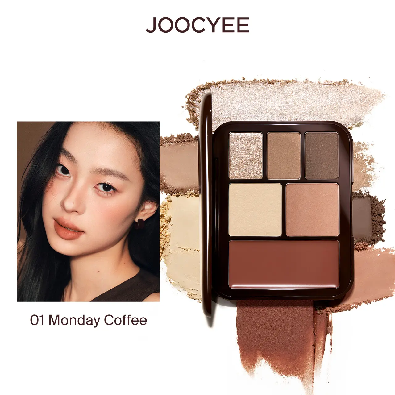 JOOCYEE Lookbook 5-in-1 All-In-1 Face Eyeshadow Palette - 6-Color Coffee Multi-Use Makeup Kit with Eyeshadow, Blush, Contour, Gentle Shimmer Illuminator, Lip Color for Radiant Daily Glow, Travel-Friendly, 5-Minute Routine, Glowing Makeup, Smooth