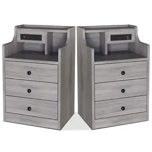 Sikaic 2PCS Modern Grey Bedroom Bedside Tables - 3 Drawers, Charging Station with 2 USB Ports, 2 Outlets for Phones, Tablets (Bedroom Essentials Storage Solution)