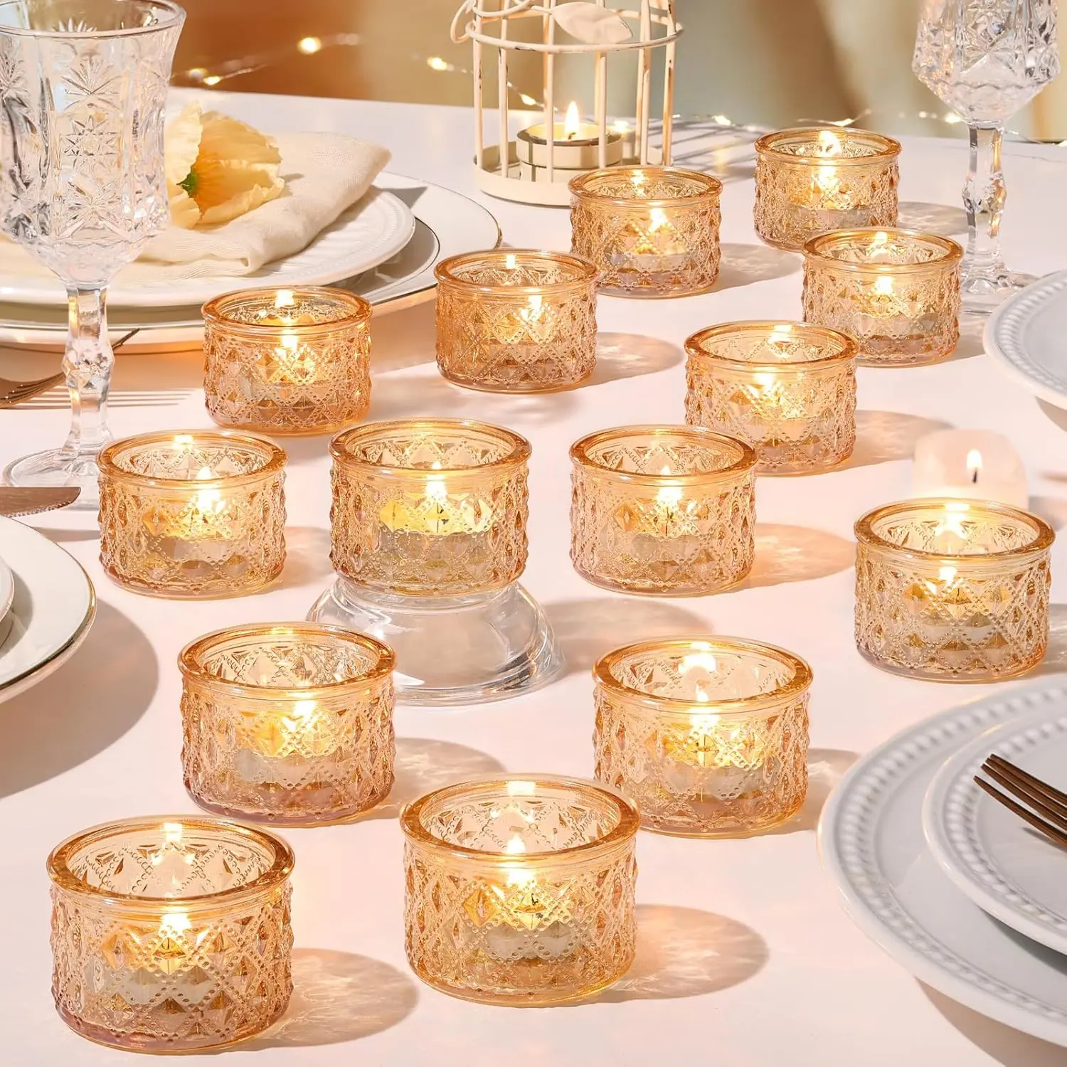 24-Pack Gold Glitter Diamond Glass Votive Candle Holders Set, Bulk Home Decor Gift for Wedding Centerpieces, Party Events