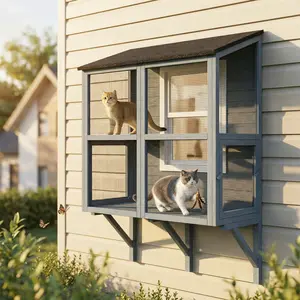 Window Catio – 2-Level Enclosure with Waterproof Roof. Reinforced Stability for Wall Installation. 2 Large Doors for Easy Access. Weather-Ready Materials. For 1-2 Cats. 39.4" L. Gray