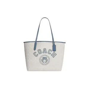 COACH City 33 Classic Monogram Tote Bag for Women – Faux Leather, Chalk White and Indigo Blue