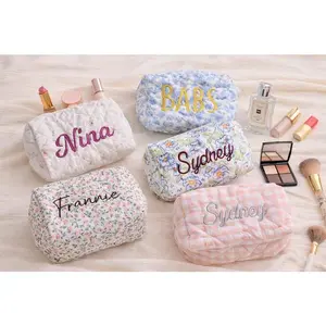 Personalized Floral Quilted Makeup Bag, Embroidered Cosmetic Pouch