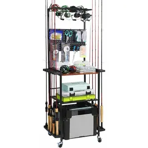Fishing Rod Holders For Garage, 3-Tier Fishing Rod Rack Store 12 Rods& 8 Reels, Heavy Duty Pegboard Freestanding Rod Rack