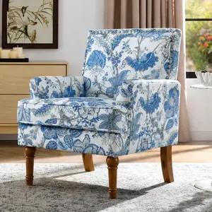 ARCH Accent Chair with Floral Upholstery Nailhead Trim Solid Wood Legs Farmhouse Style Armchair Blue White Living Room Seating Traditional French Country Furniture Multiple Color Options, 1 Seat/Blue/Earthy Yellow/Red Color Options