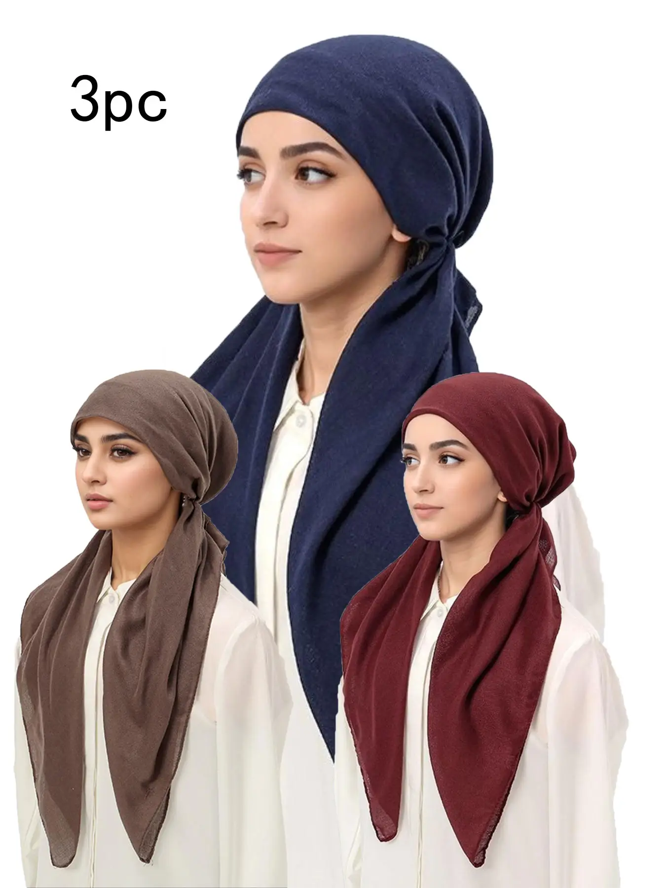 3pc Women's Fashion Solid Color Jersey Hijabs, Breathable Sun Protection, Casual All-Season Wear, Instant Hijab Style