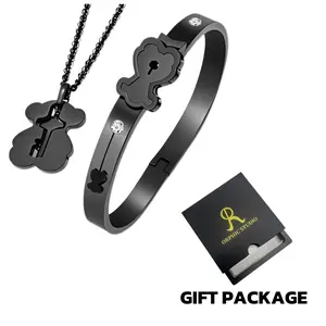 ORPHIC Love Bear Shaped Couple Necklace Bracelet Gift Set,Stainless Steel Unisex Jewelry for Couple Locket