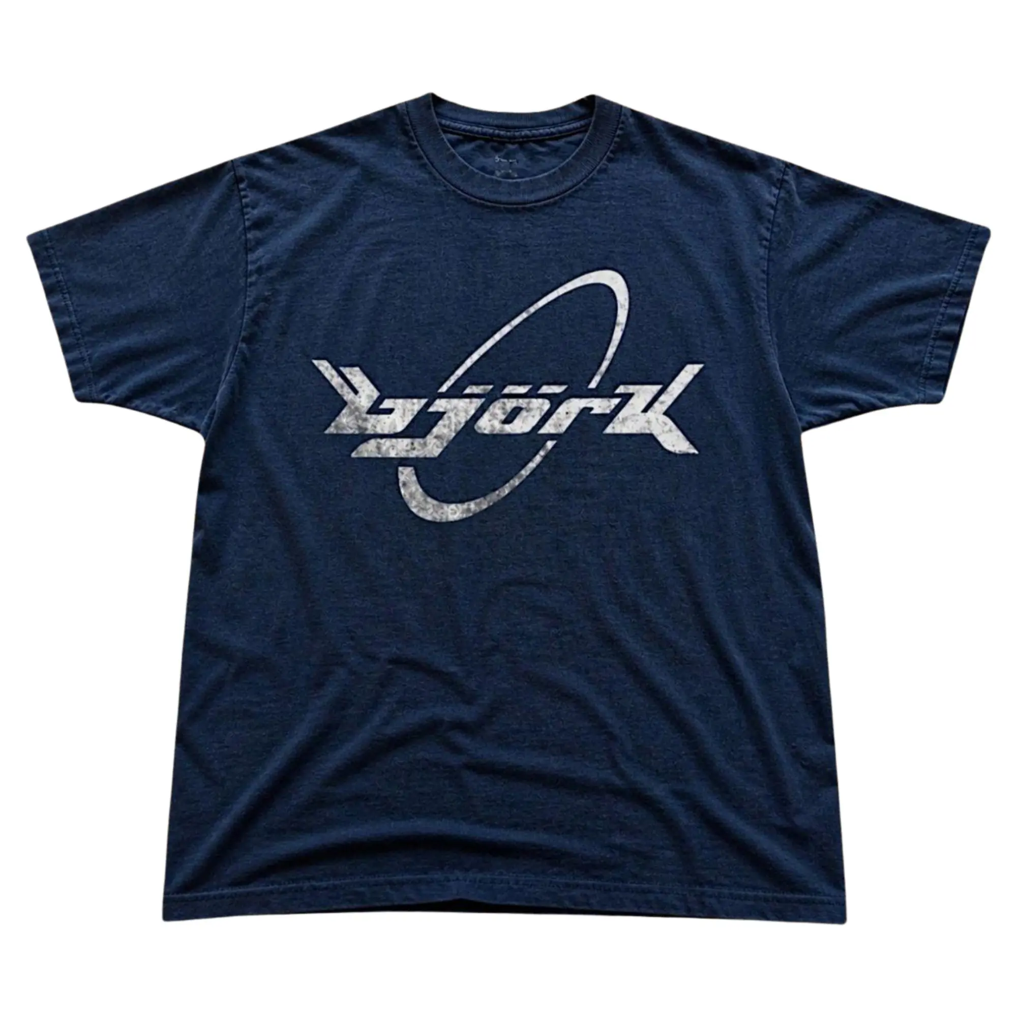 Retro Bjork Orbit Logo Graphic T-Shirt, Distressed White Futuristic Cybernetic Lettering Wrapped In Ring On Navy Blue, Unisex Streetwear Tee For Electronic Music Fans, Y2K Urban Outfit
