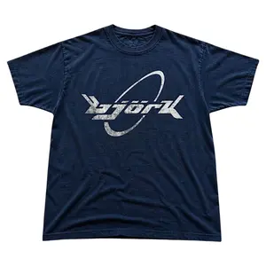 Retro Bjork Orbit Logo Graphic T-Shirt, Distressed White Futuristic Cybernetic Lettering Wrapped In Ring On Navy Blue, Unisex Streetwear Tee For Electronic Music Fans, Y2K Urban Outfit